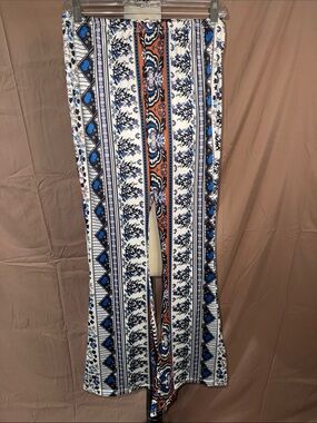 Boho Print Flare Pants in White, Blue & Orange- Large